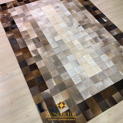 Genuine Handmade Tricolor Cowhide Leather Area Rug , Modern Home Decor