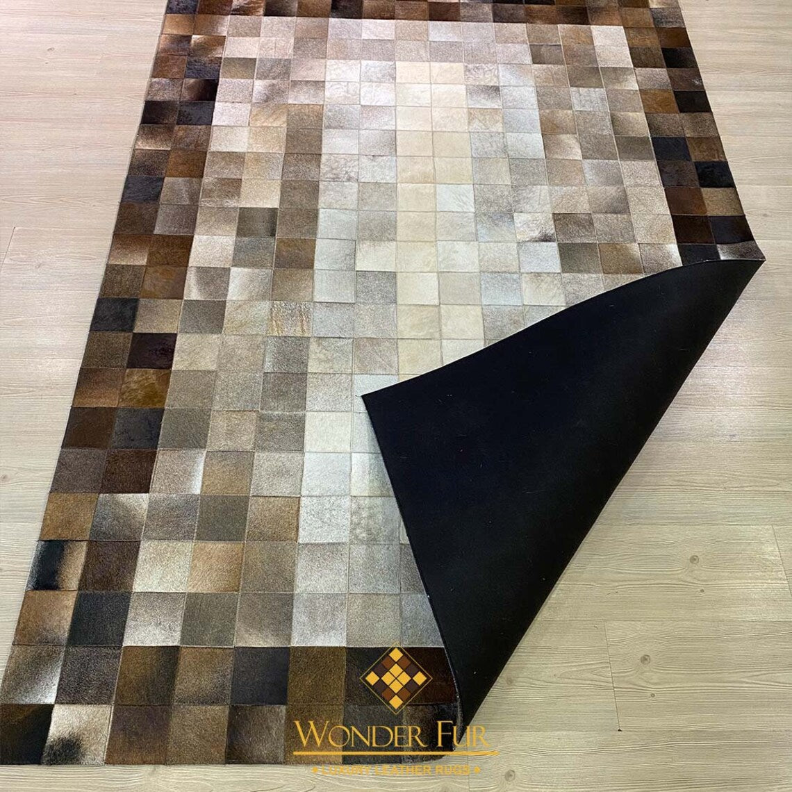 Genuine Handmade Tricolor Cowhide Leather Area Rug , Modern Home Decor