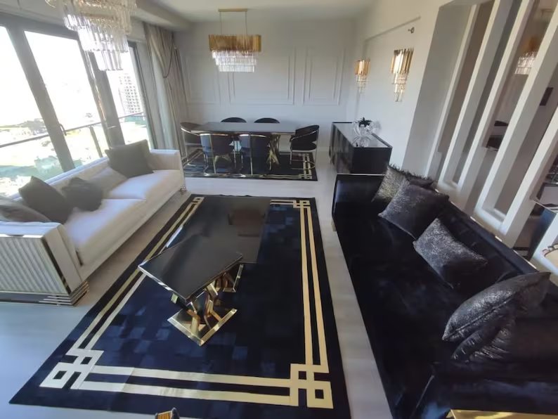 Genuine Leather Black And Gold Cowhide Living Room Rug , Handmade Rug