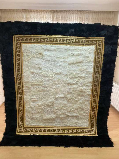 Geometric Handmade Black White And Gold Natural Sheepskin Bedroom Rug
