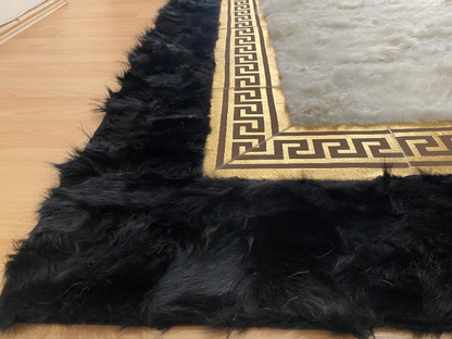 Geometric Handmade Black White And Gold Natural Sheepskin Bedroom Rug