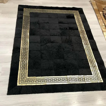 Gold Black Natural Handmade Calf Skin Carpet for Living Room Decor, Elegant Natural Handmade Cowhide Rug
