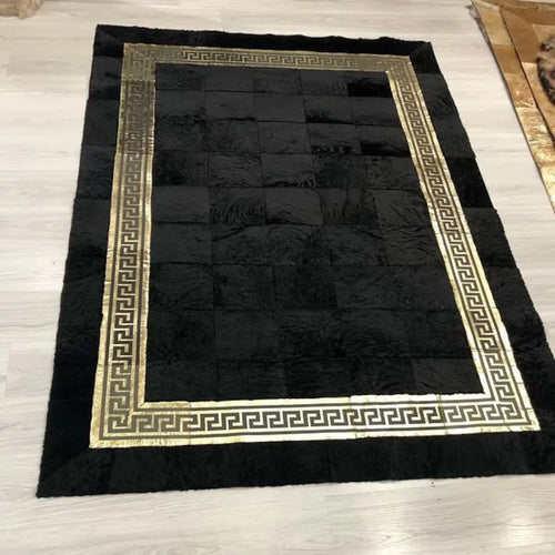 Gold Black Natural Handmade Calf Skin Carpet for Living Room Decor, Elegant Natural Handmade Cowhide Rug