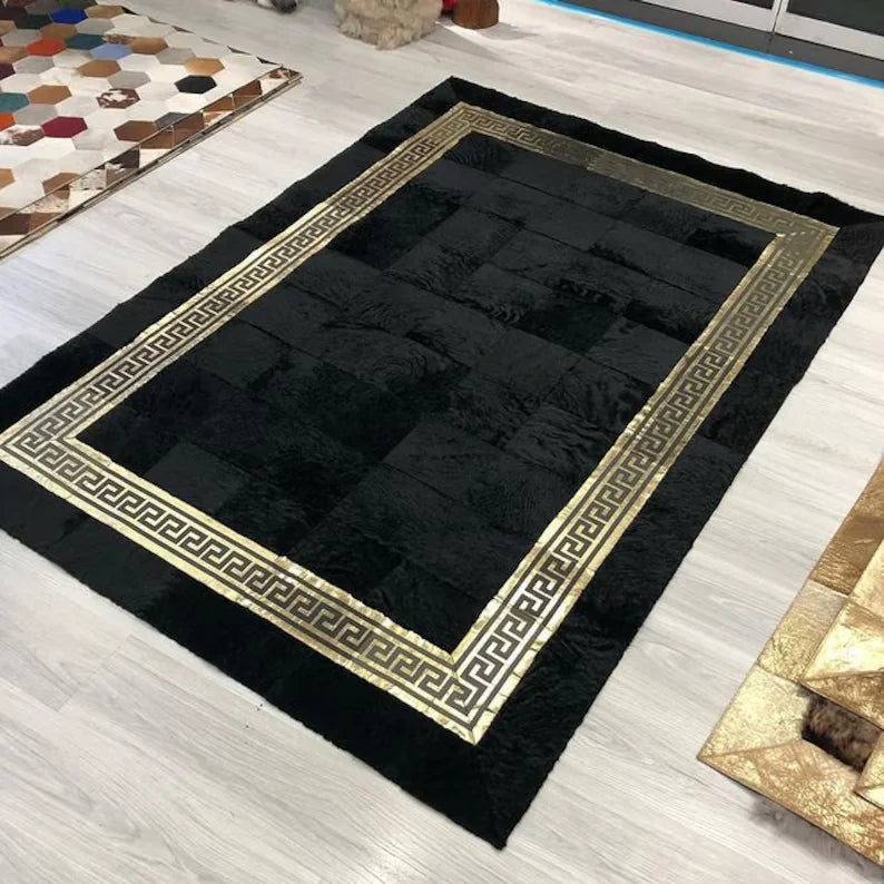 Gold Black Natural Handmade Calf Skin Carpet for Living Room Decor, Elegant Natural Handmade Cowhide Rug