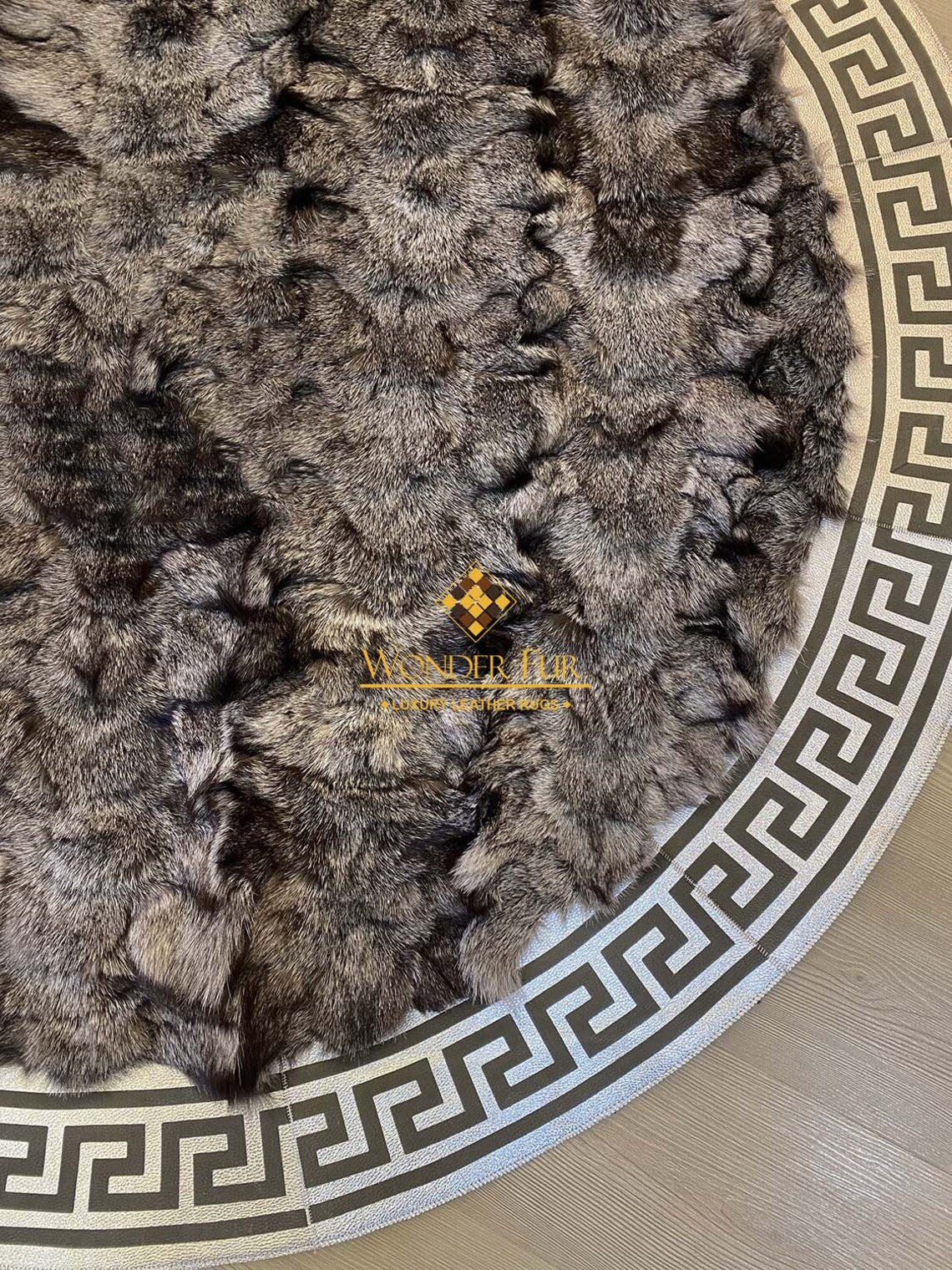 Gray And Silver Handmade Soft Natural Fox Fur Round Rug