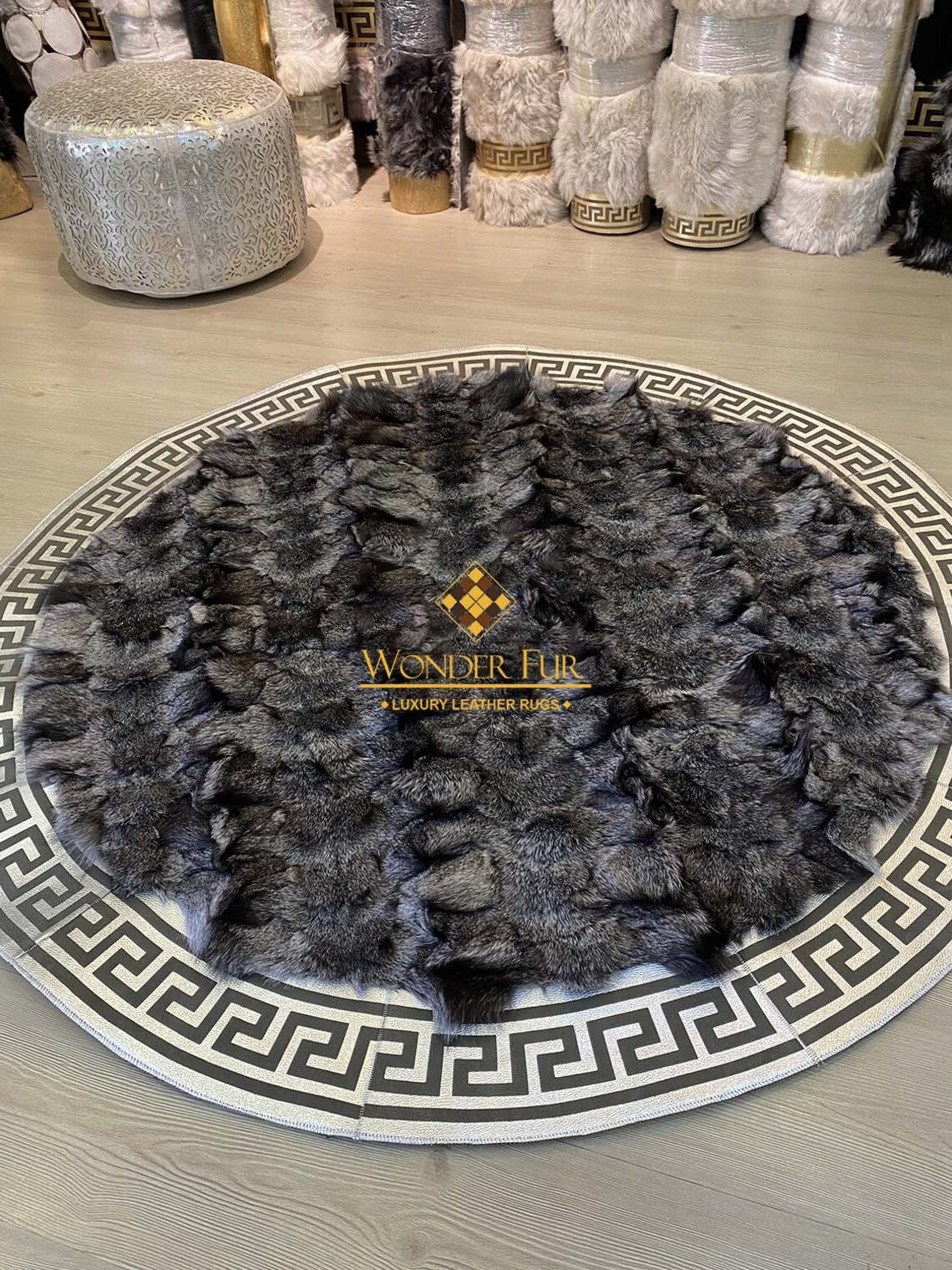 Gray And Silver Handmade Soft Natural Fox Fur Round Rug