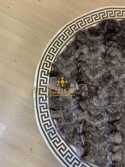 Gray And Silver Handmade Soft Natural Fox Fur Round Rug