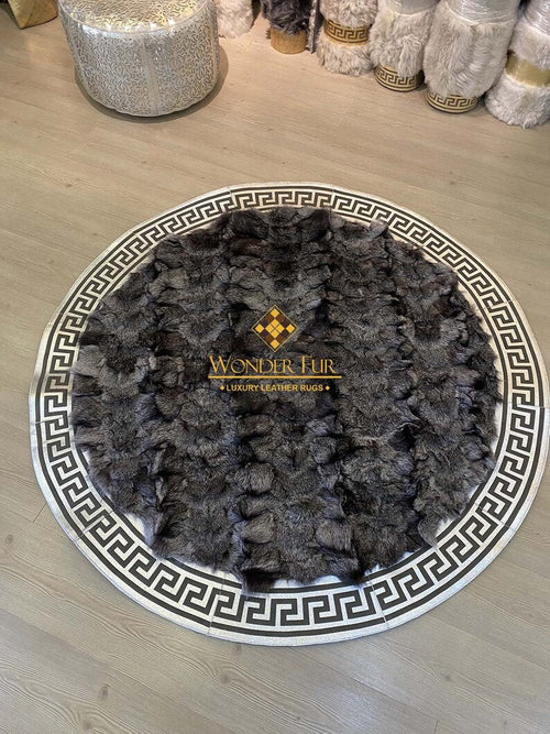 Gray And Silver Handmade Soft Natural Fox Fur Round Rug