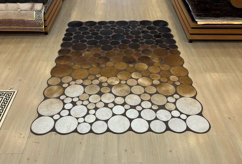 Handmade 100% Genuine Cowhide Patchwork Rug, Natural Cow Leather Tricolor Area Rug