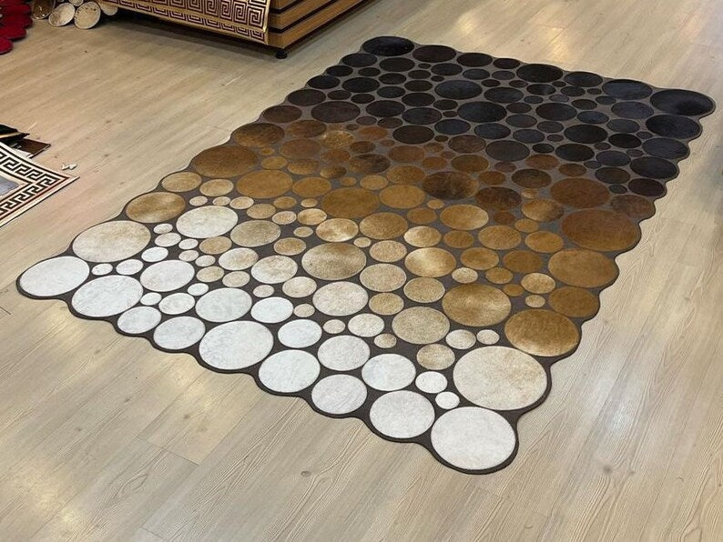 Handmade 100% Genuine Cowhide Patchwork Rug, Natural Cow Leather Tricolor Area Rug