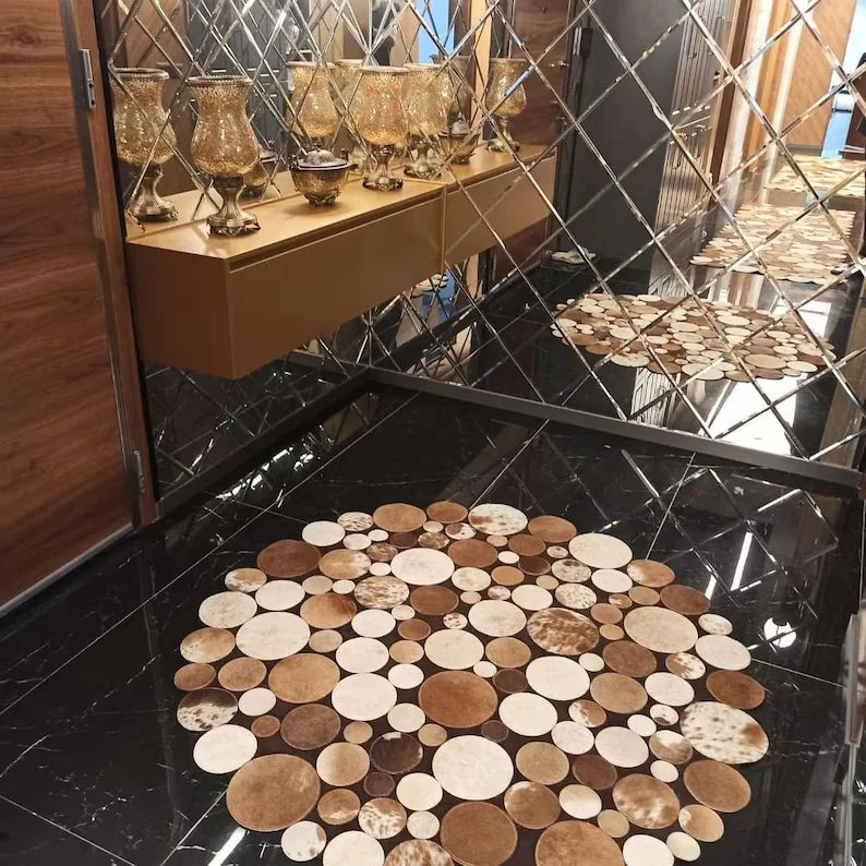 Handmade 100% Natural Cowhide Patchwork 4x4 Rug, Brown Modern Carpet