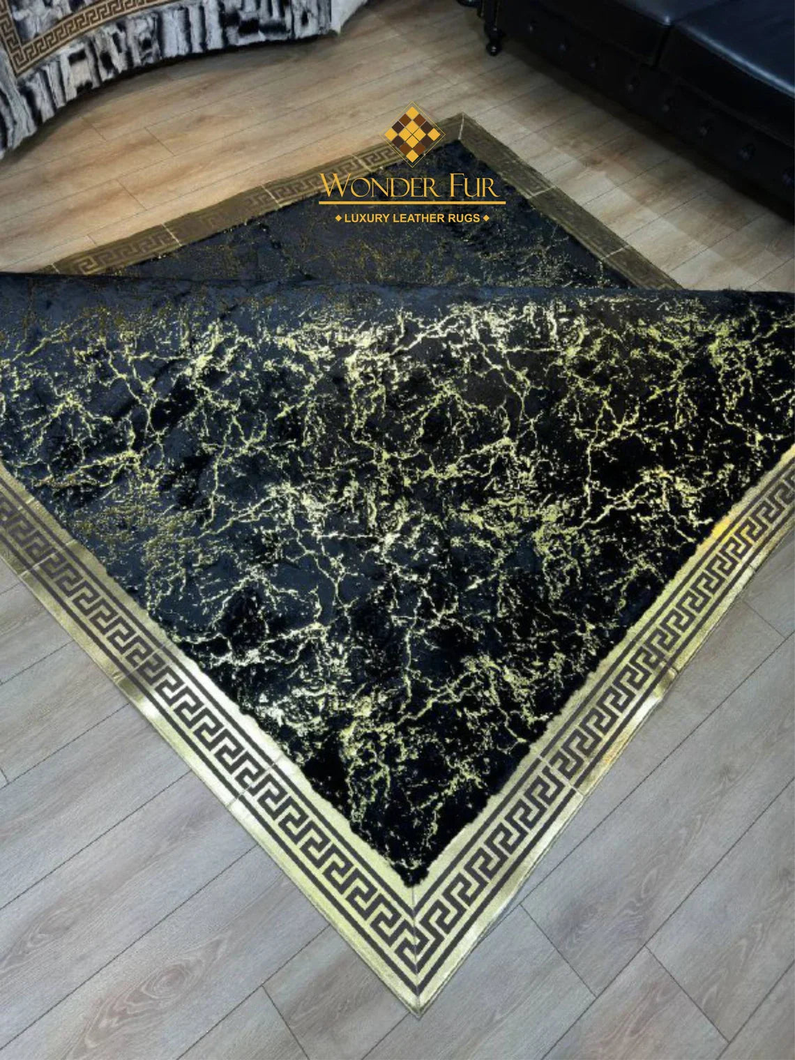 Handmade Elegant Black And Gold Faux Fur Large 10x12 Living Room Rug