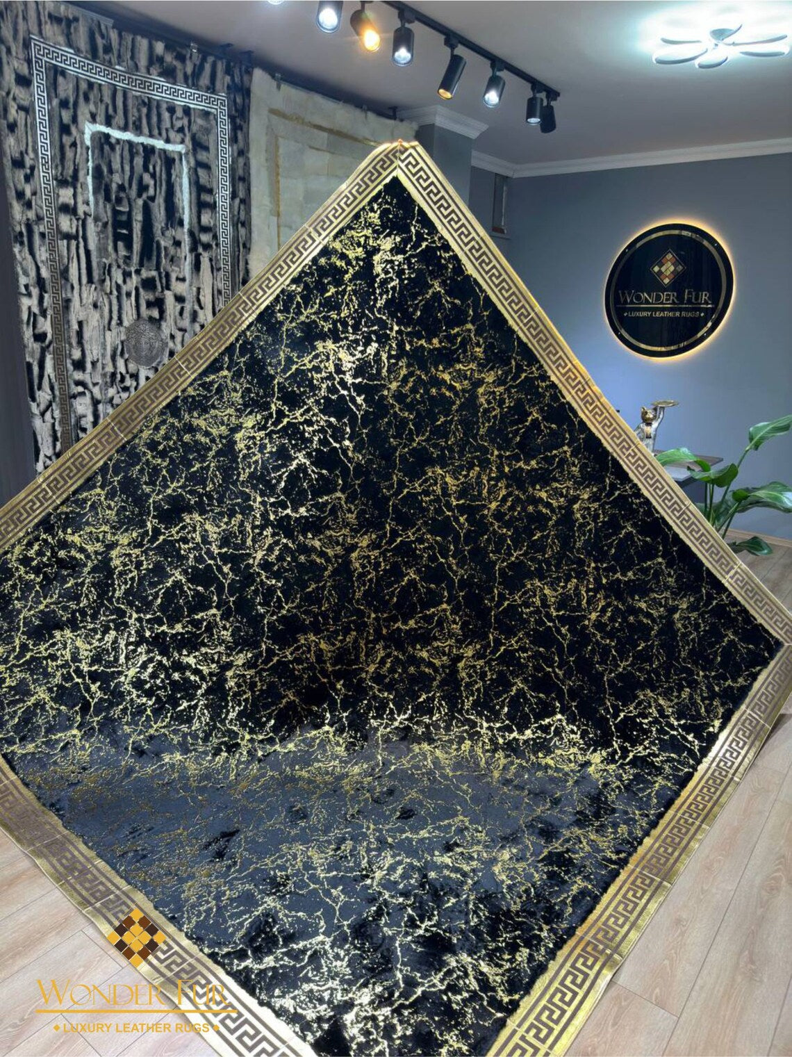 Handmade Elegant Black And Gold Faux Fur Large 10x12 Living Room Rug