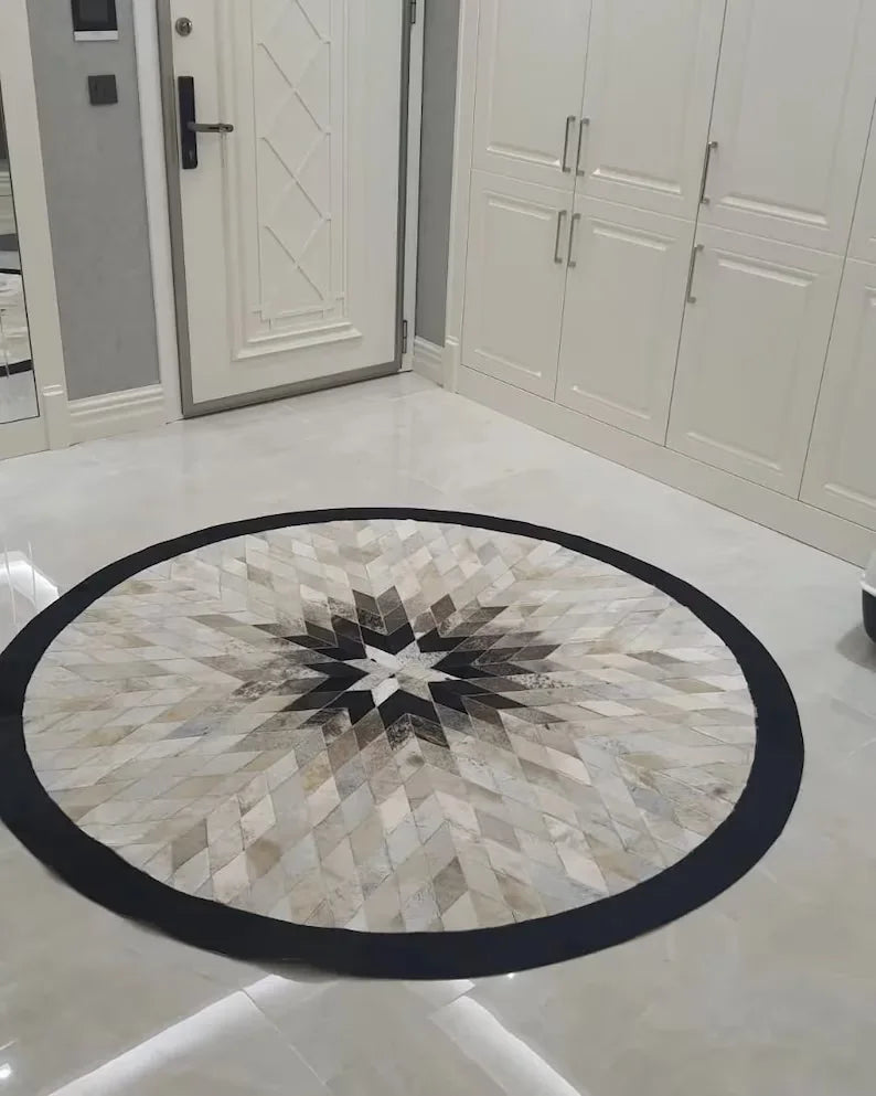 Handmade Genuine Cowhide Round Rug, Luxury Geometric Patchwork Rug, Circular Carpet
