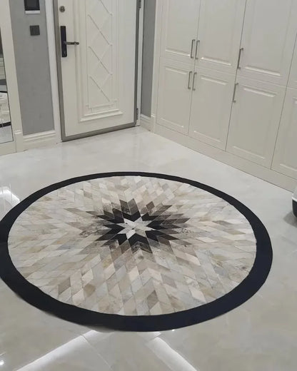 Handmade Genuine Cowhide Round Rug, Luxury Geometric Patchwork Rug, Circular Carpet