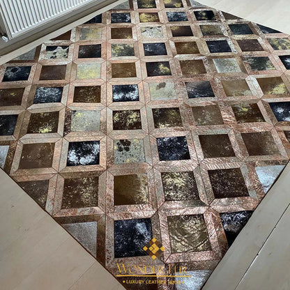 Handmade Natural Leather Cowhide Patchwork Area Rug for Décor Non Slip Handmade Carpet