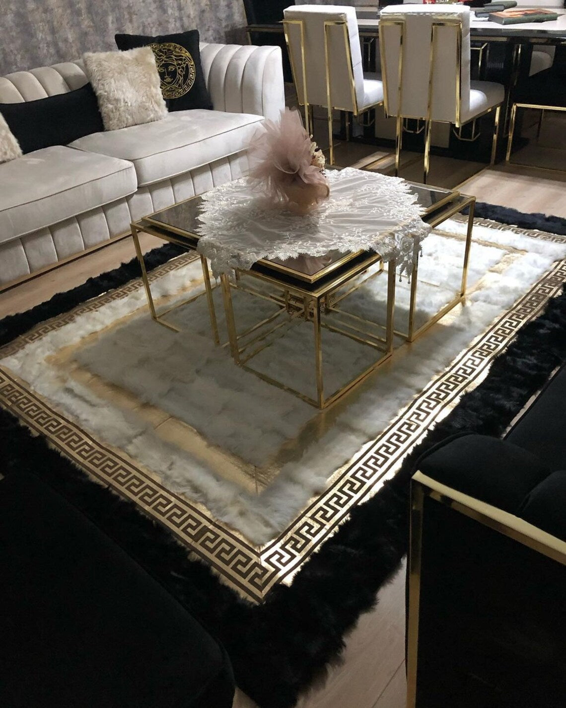 Handmade Natural Black White Sheepskin Living Room Rug , 8x10 Soft Rug