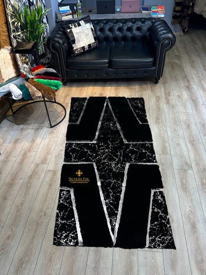 Handmade Plush Black And Silver Faux Fur Living Room Rug , Soft Carpet