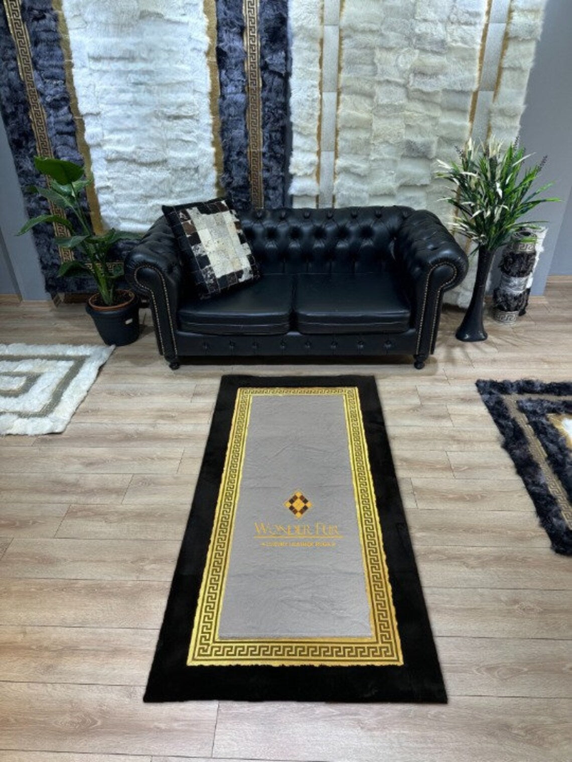 Handmade Plush Soft Black And White Faux Fur Runner Rug ,Luxury Carpet