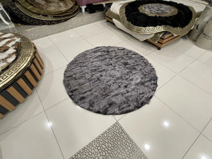 Patchwork Shaggy Handmade Gray Genuine Sheepskin Fluffy Soft Round Rug