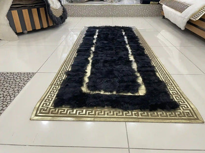 Handmade Runner Black Sheepskin Area Rug, Unique Decor