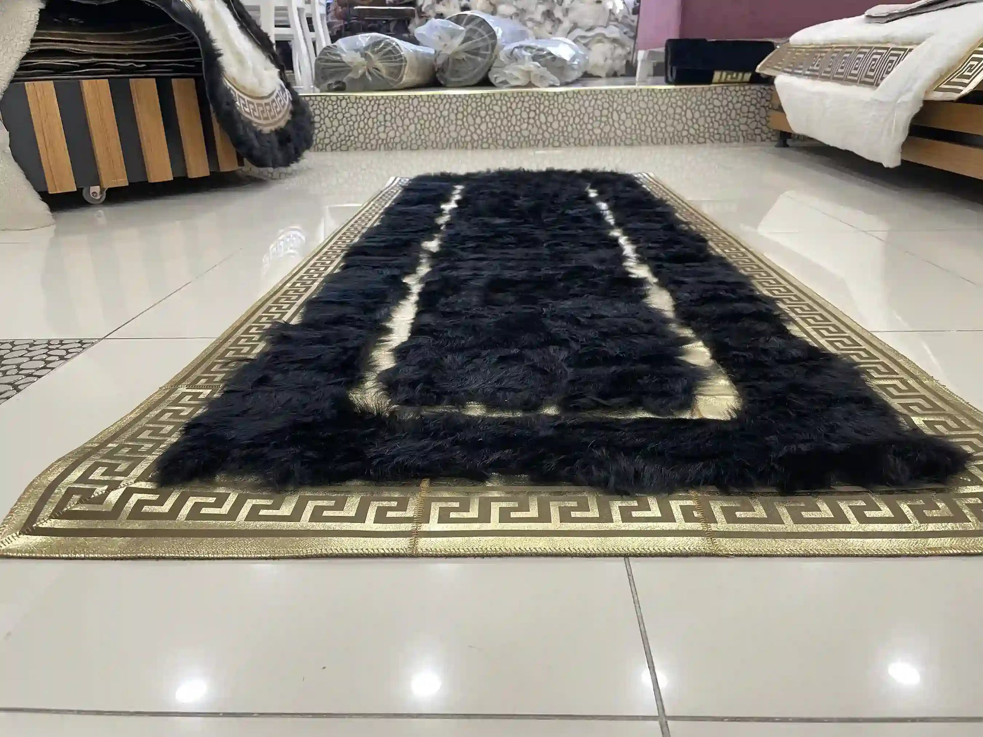 Handmade Runner Black Sheepskin Area Rug, Unique Decor