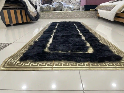 Handmade Runner Black Sheepskin Area Rug, Unique Decor