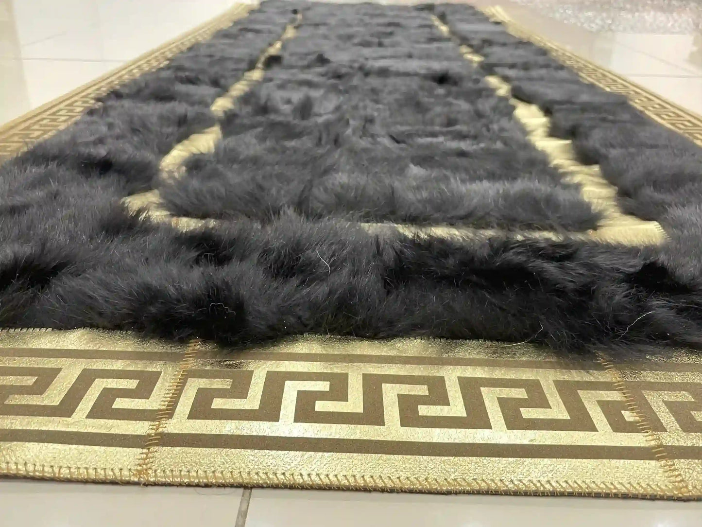 Handmade Runner Black Sheepskin Area Rug, Unique Decor