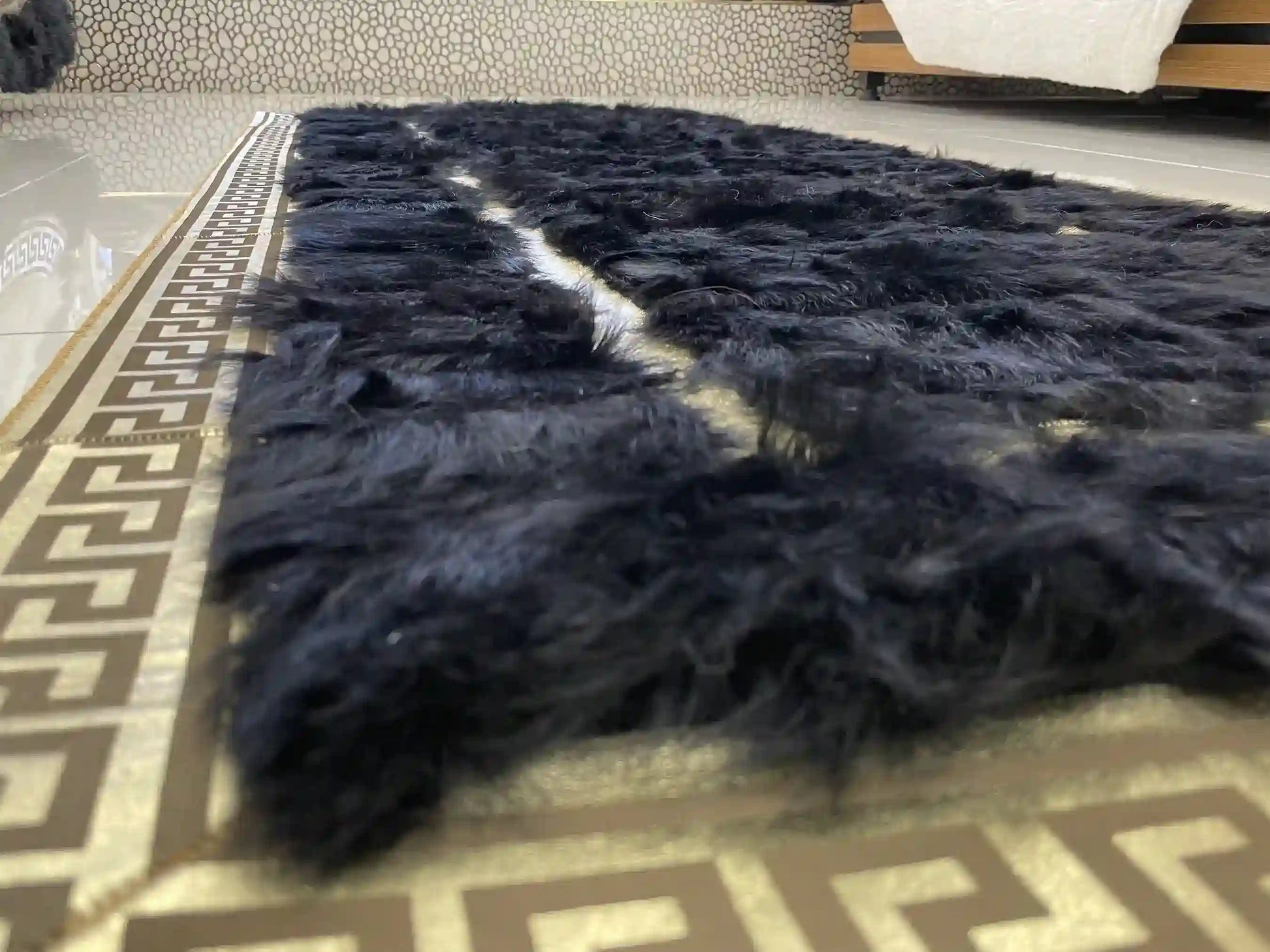 Handmade Runner Black Sheepskin Area Rug, Unique Decor