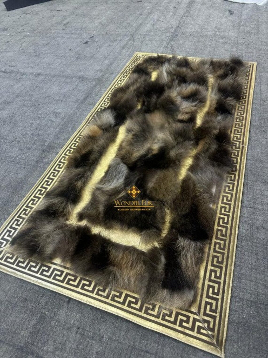 Handmade Unique Brown And Gold Real Fox Fur Runner Rug , Luxury Carpet