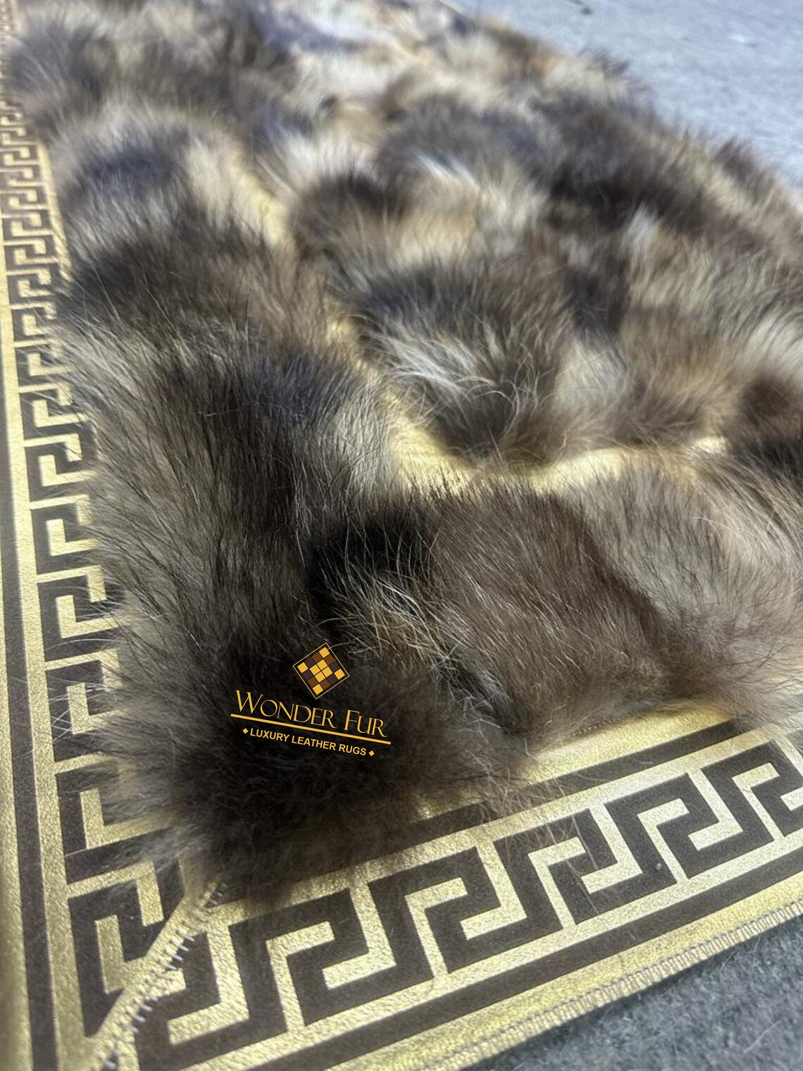 Handmade Unique Brown And Gold Real Fox Fur Runner Rug , Luxury Carpet