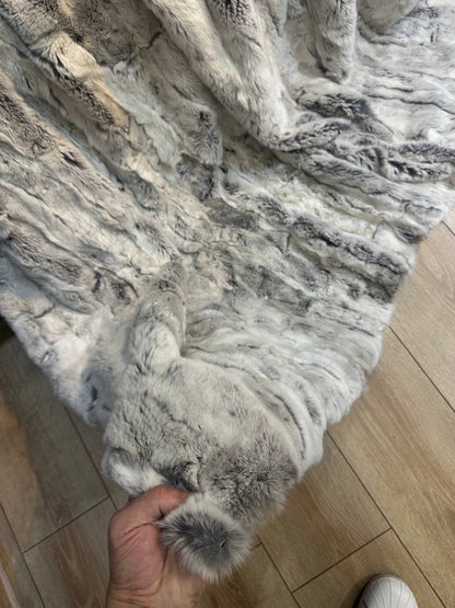 Handmade Natural Real Rabbit İce Gray Tones Fur Blanket Throw , Personalized Handmade Fur Sofa Cover Bedspread,Throw Blanket, Fluffy Blanket