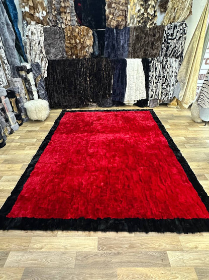 Handmade Red & Black Natural Soft Rabbit Fur Rug