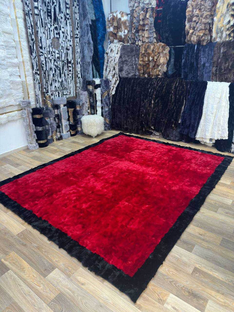 Handmade Red & Black Natural Soft Rabbit Fur Rug
