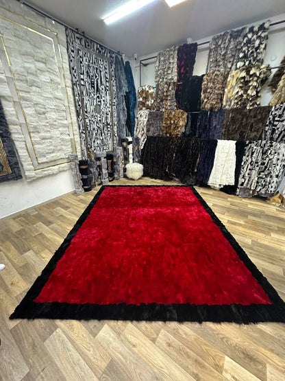 Handmade Red & Black Natural Soft Rabbit Fur Rug