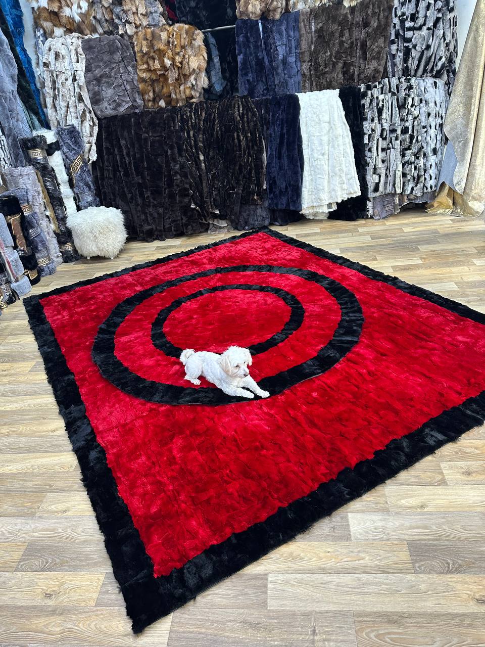 Handmade Red & Black Natural Soft Rabbit Fur Rug