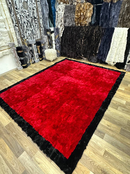 Handmade Red & Black Natural Soft Rabbit Fur Rug