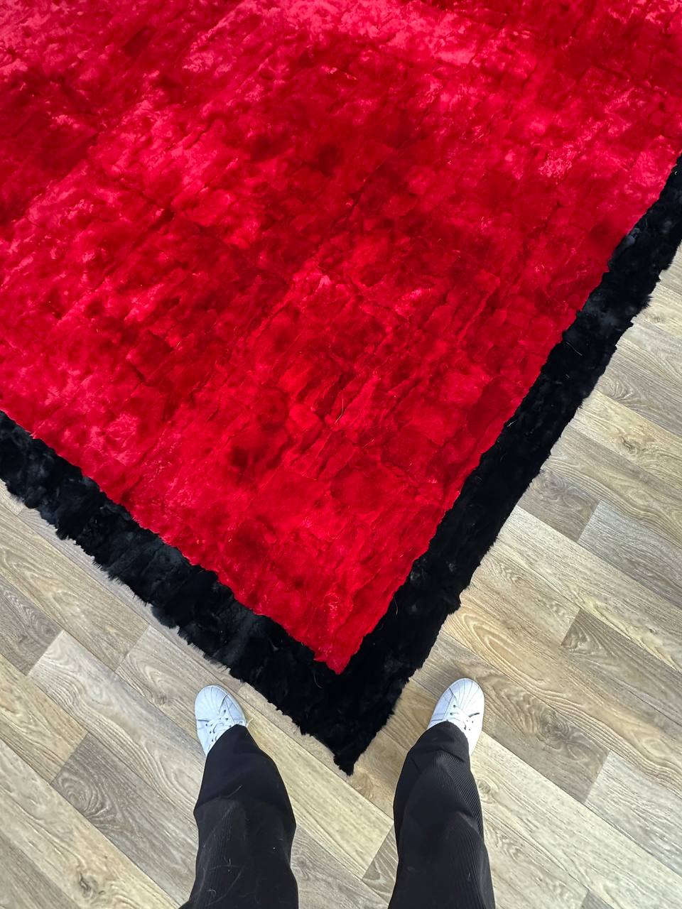 Handmade Red & Black Natural Soft Rabbit Fur Rug