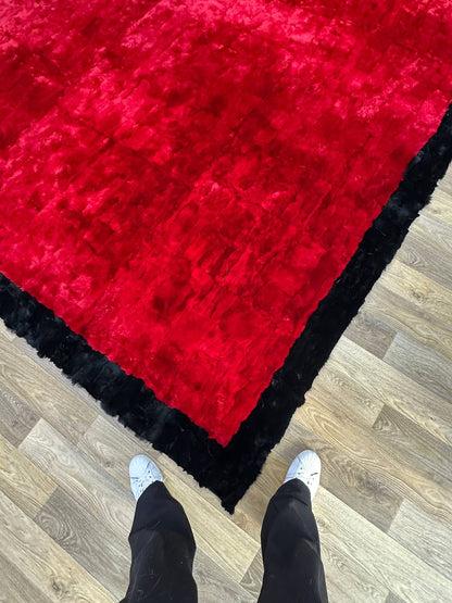 Handmade Red & Black Natural Soft Rabbit Fur Rug