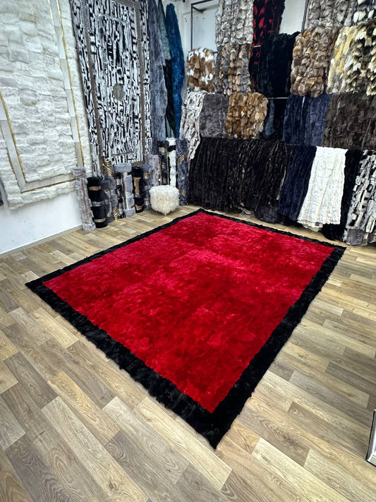 Handmade Red & Black Natural Soft Rabbit Fur Rug