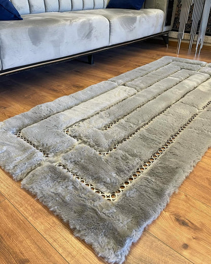 Hanmade Gray and Gold Soft Plush Faux Fur Rug, Modern Home Decor Rug