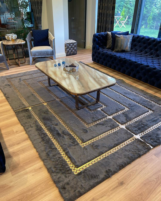 Hanmade Gray and Gold Soft Plush Faux Fur Rug, Modern Home Decor Rug
