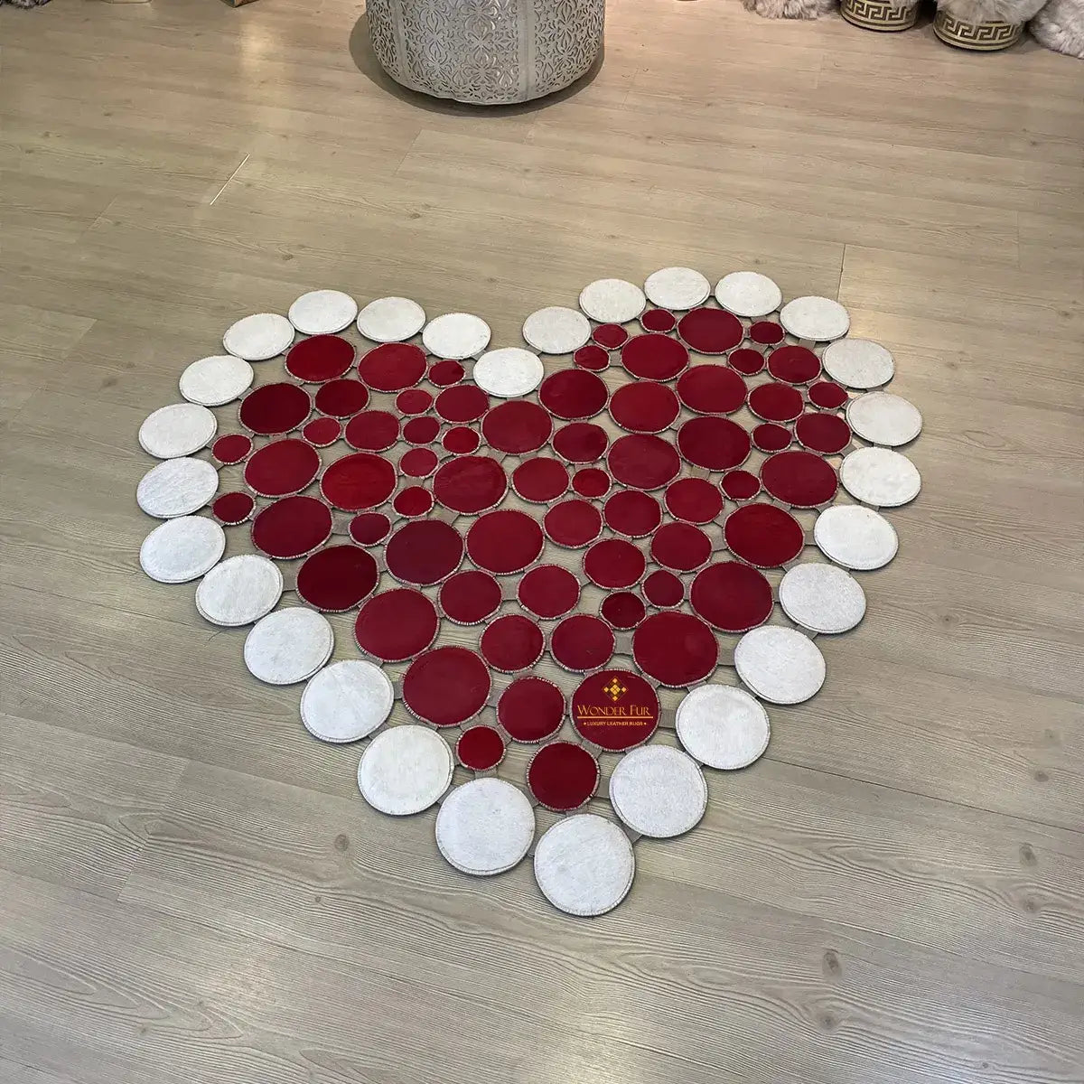 Heart Shape Red and White Cowhide Patchwork Rug Handmade Non Slip Carpet