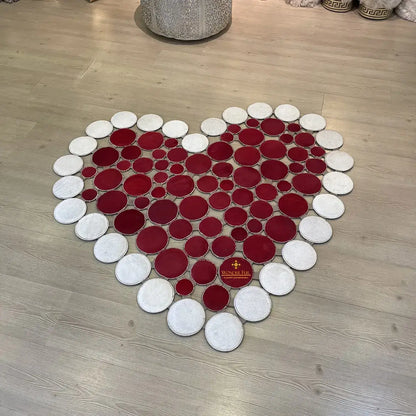 Heart Shape Red and White Cowhide Patchwork Rug Handmade Non Slip Carpet