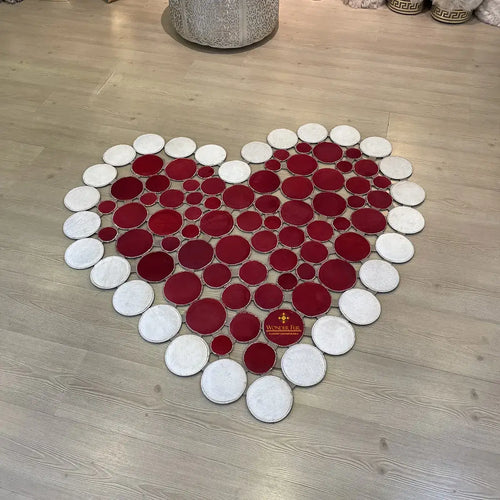 Heart Shape Red and White Cowhide Patchwork Rug Handmade Non Slip Carpet