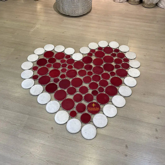 Heart Shape Red and White Cowhide Patchwork Rug Handmade Non Slip Carpet