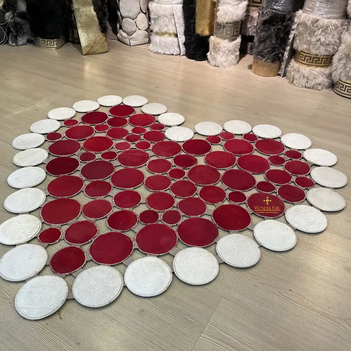 Heart Shape Red and White Cowhide Patchwork Rug Handmade Non Slip Carpet