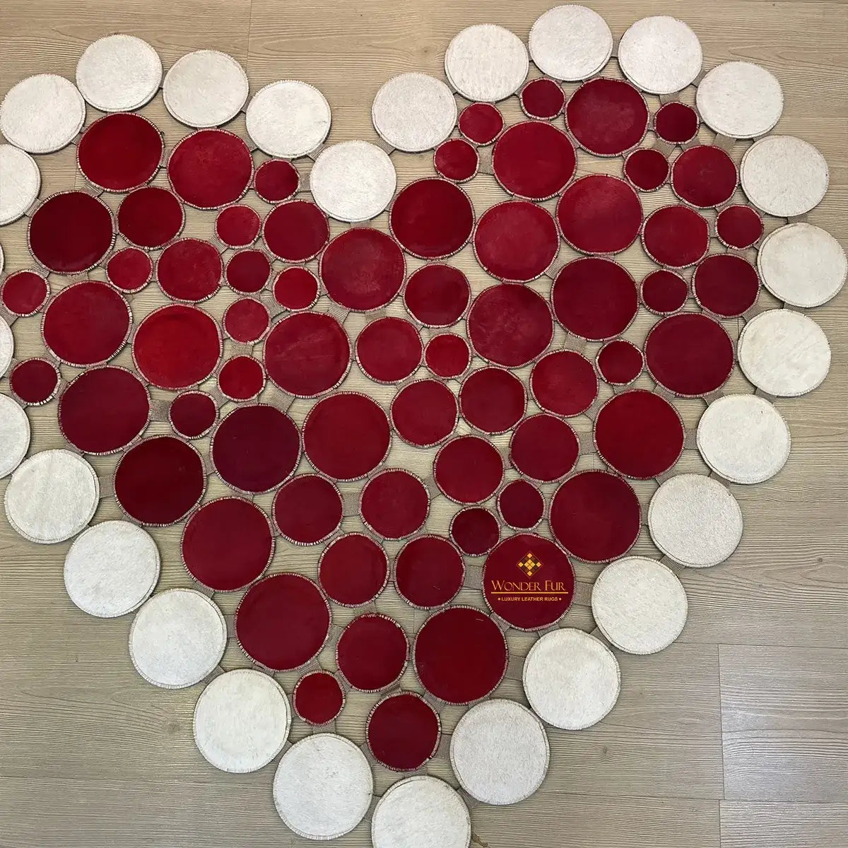 Heart Shape Red and White Cowhide Patchwork Rug Handmade Non Slip Carpet