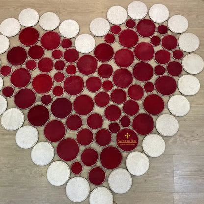 Heart Shape Red and White Cowhide Patchwork Rug Handmade Non Slip Carpet