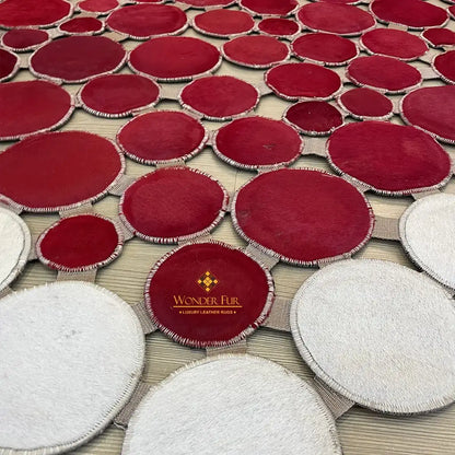 Heart Shape Red and White Cowhide Patchwork Rug Handmade Non Slip Carpet